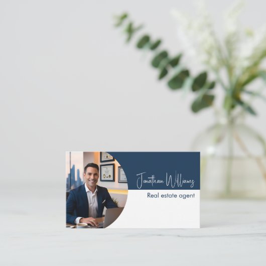Moderner Anwesen Agent rund Foto blau weiß Visitenkarte (Stehend Vorderseite)
