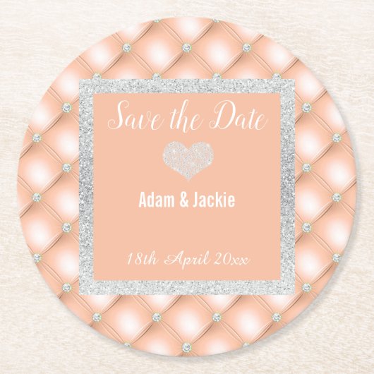 MODERNER APRICOT PEACH DIAMOND SAVE THE DATE UNTER RUNDER PAPPUNTERSETZER (Vorderseite)