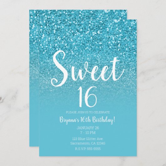 Moderner Aqua Blue Glam Glitzer Sweet 16 Einladung (Vorne/Hinten)