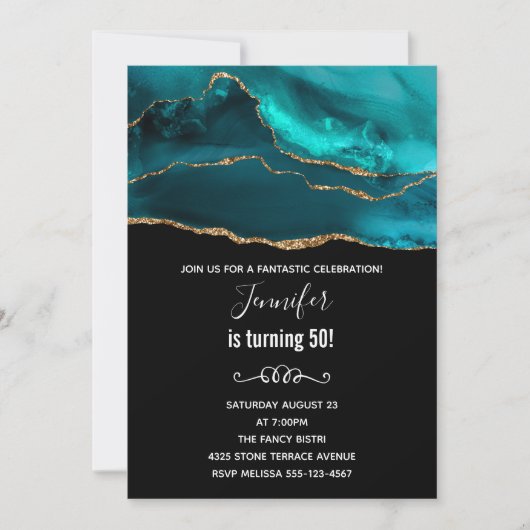 Moderner Aquamarin & Gold Agate Stone Abstrakt Geb Einladung (Vorderseite)