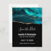 Moderner Aquamarin & Gold Agate Stone Save the Dat Einladungspostkarte (Vorne/Hinten)