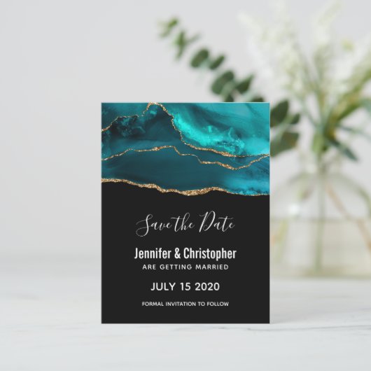 Moderner Aquamarin & Gold Agate Stone Save the Dat Einladungspostkarte (Stehend Vorderseite)
