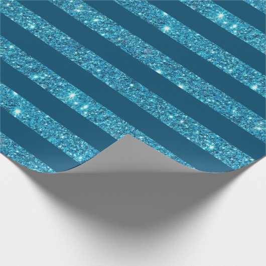 Moderner Aquamariner blauer Glitzer gestreift Geschenkpapier (Ecke)