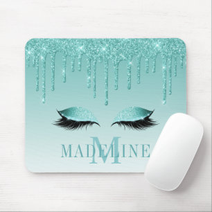 Moderner Aquamariner Glitzer Lashes Monogram Mousepad