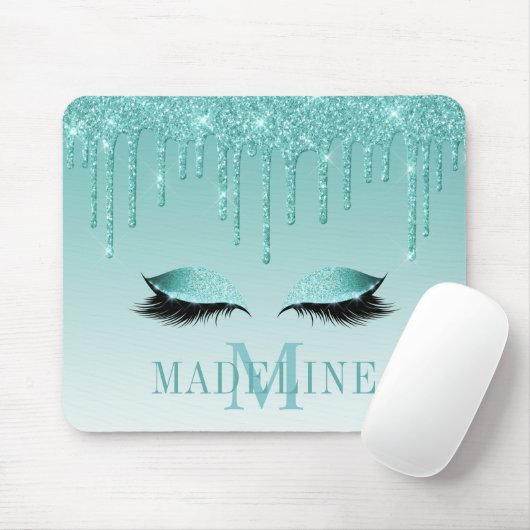 Moderner Aquamariner Glitzer Lashes Monogram Mousepad (Mit Mouse)