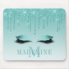Moderner Aquamariner Glitzer Lashes Monogram Mousepad