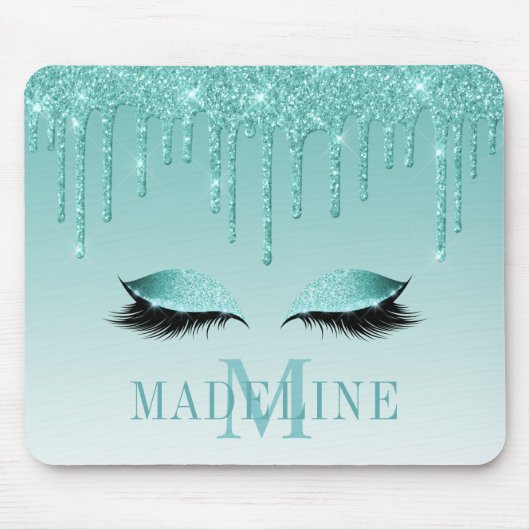 Moderner Aquamariner Glitzer Lashes Monogram Mousepad (Vorne)