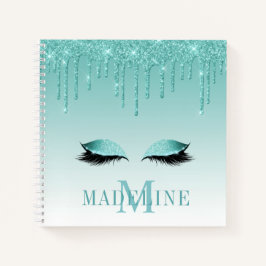 Moderner Aquamariner Glitzer Lashes Monogram Notizblock