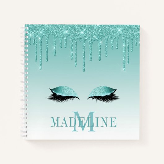Moderner Aquamariner Glitzer Lashes Monogram Notizblock (Vorderseite)