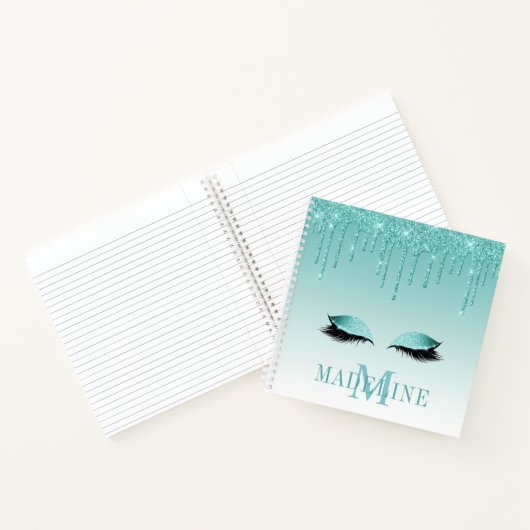 Moderner Aquamariner Glitzer Lashes Monogram Notizblock (Innenseite)