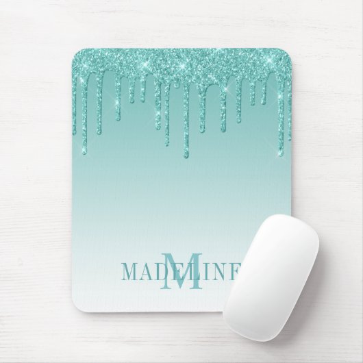 Moderner Aquamariner Glitzer Tropfen Monogram Mousepad (Mit Mouse)