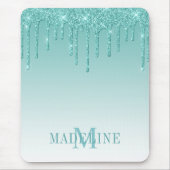 Moderner Aquamariner Glitzer Tropfen Monogram Mousepad (Vorne)
