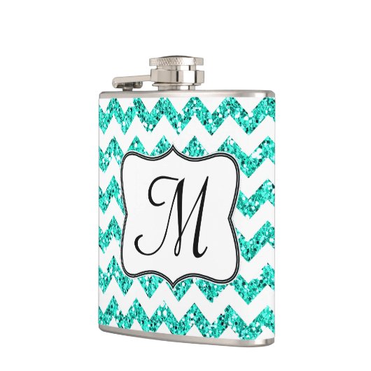 Moderner Aquamariner Glitzer Zickzack Monogramm-Wh Flachmann (Links)