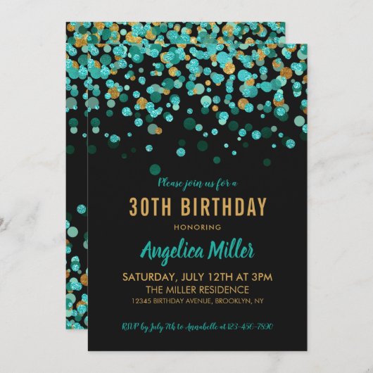 Moderner Aquamariner Goldschwarzer Glitzer Confett Einladung (Vorne/Hinten)