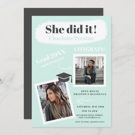 Moderner aquamariner Pinselstrich Abschluss 2 Foto Einladung (Vorne/Hinten)