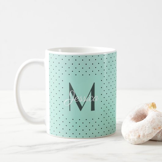 Moderner Aquamariner Polka-Dot und Monogramm Kaffeetasse (Mit Donut)
