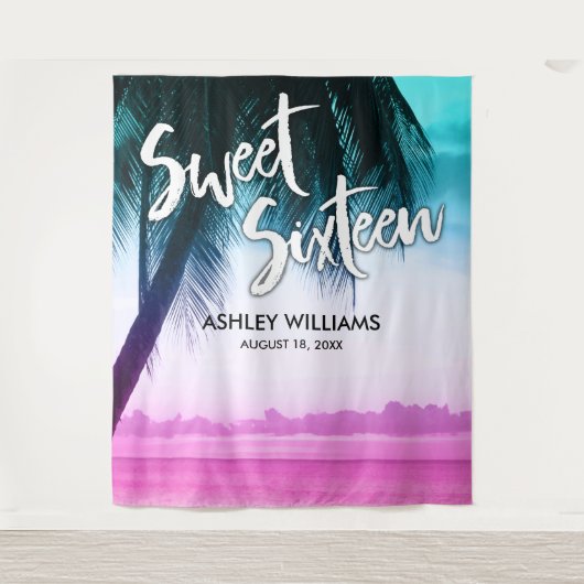 Moderner aquamariner rosa tropischer Hintergrund Wandteppich (Vorderseite)