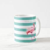 Moderner Aquamariner weißer Streifen Pink Flamingo Kaffeetasse (VorderseiteRechts)