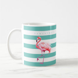 Moderner Aquamariner weißer Streifen Pink Flamingo Kaffeetasse