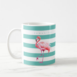 Moderner Aquamariner weißer Streifen Pink Flamingo Kaffeetasse