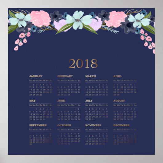 Moderner Aquarellblumen-Kalender 2018 Poster (Vorne)