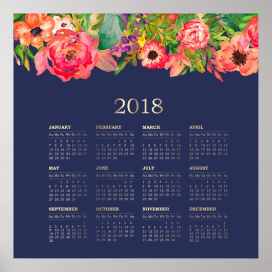 Moderner Aquarellblumen-Kalender 2018 Poster (Vorne)