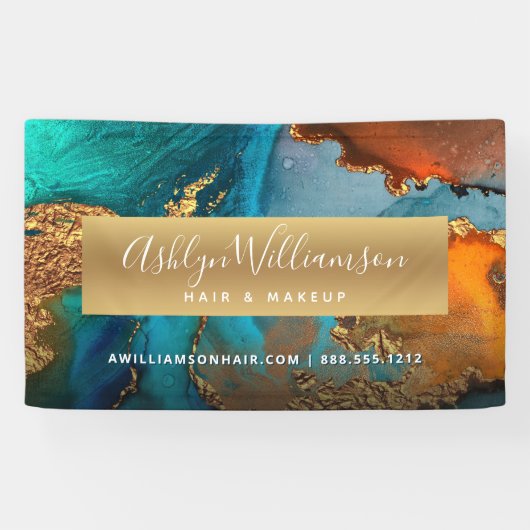 Moderner Aquarellsalon mit goldfarbenem türkisfarb Banner (Horizontal)