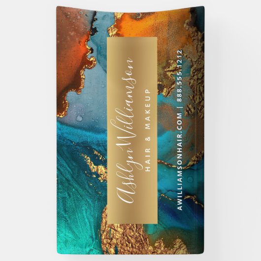 Moderner Aquarellsalon mit goldfarbenem türkisfarb Banner (Vertikal)