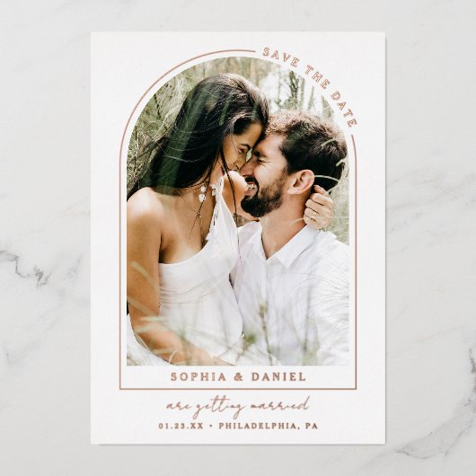 Moderner Arch Boho Arch mit Foto Save the Date Folieneinladung (Vorderseite)