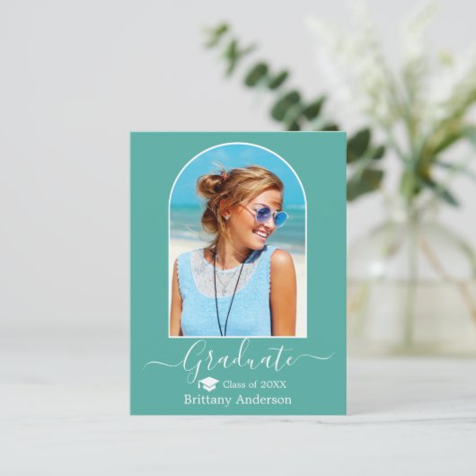 Moderner Arch Cap Calligraphy Aquamariner Abschlus Postkarte (Stehend Vorderseite)