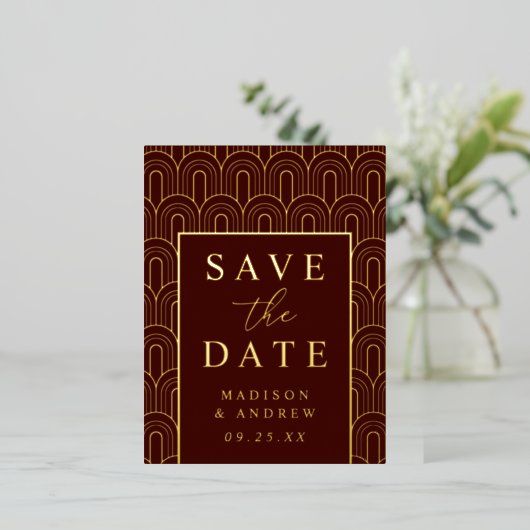 Moderner Arch Deko Wedding Save the Date Folie Einladungspostkarte (Stehend vorne)