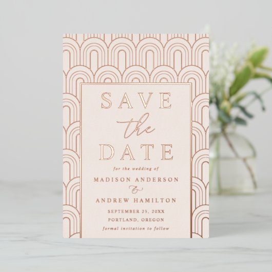 Moderner Arch Deko Wedding Save the Date Folieneinladung (Stehend vorne)