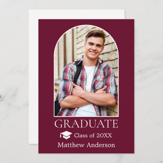 Moderner Arch Grad Cap Burgund Abschluss Ankündigung (Vorne/Hinten)