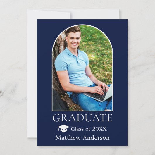 Moderner Arch Grad Cap Foto Blue Abschluss Ankündigung (Vorderseite)