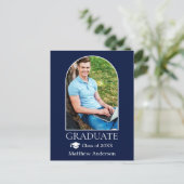 Moderner Arch Grad Cap Foto Blue Abschluss Postkarte (Stehend Vorderseite)