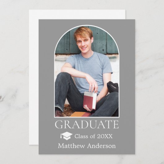 Moderner Arch Grad Cap Foto Grau Abschluss Ankündigung (Vorne/Hinten)