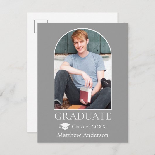 Moderner Arch Grad Cap Foto Grau Abschluss Postkarte (Vorne/Hinten)