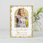 Moderner Arch Grad Cap Gold Glitzer Abschluss Ankündigung (Stehend Vorderseite)