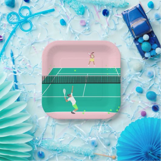 Moderner Art Tennis Match Player Rosa Grün Pappteller (Party)