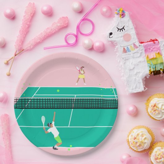 Moderner Art Tennis Match Player Rosa Grün Pappteller (Party)