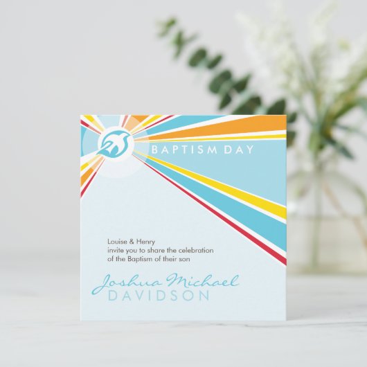 MODERNER BAPTISM einzigartig farbenfrohe, leuchten Einladung (Stehend Vorderseite)