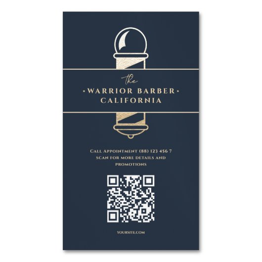 Moderner Barbershop Barber's Pole Barber QR Magnetische Visitenkarte (Vorderseite Vertikal)