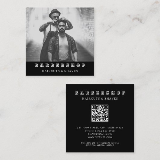 Moderner Barbershop Foto QR Quadratische Visitenkarte (Vorne/Hinten)