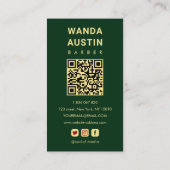 Moderner Barbier-Rasierer Dunkelgrün Gold QR-Code Visitenkarte (Rückseite)
