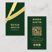 Moderner Barbier-Rasierer Dunkelgrün Gold QR-Code Visitenkarte (Vorne/Hinten)