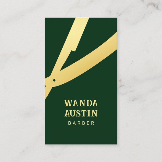 Moderner Barbier-Rasierer Dunkelgrün Gold QR-Code Visitenkarte (Vorderseite)