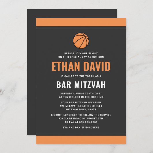 Moderner Basketball dunkelgrau und orange Bar mitz Einladung (Vorne/Hinten)