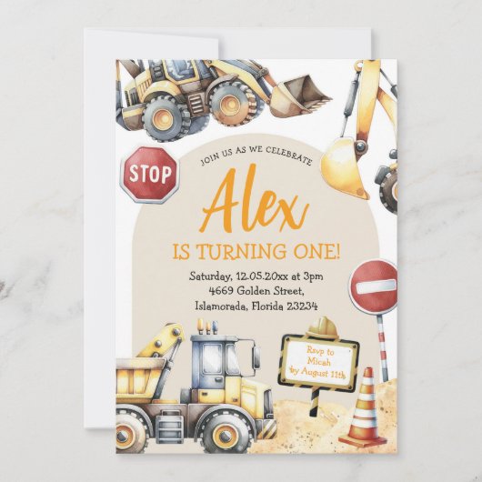 Moderner Baujunge zum ersten Geburtstag Einladung (Vorderseite)