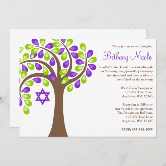 Moderner Baum Lila Grüner Bat Mitzvah Einladung (Vorne/Hinten)