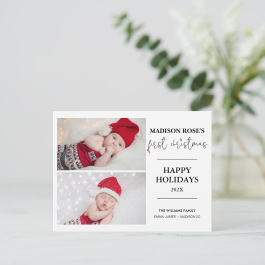 Moderner Baum Zwei Foto Erste Weihnachtskarte Postkarte (Stehend Vorderseite)